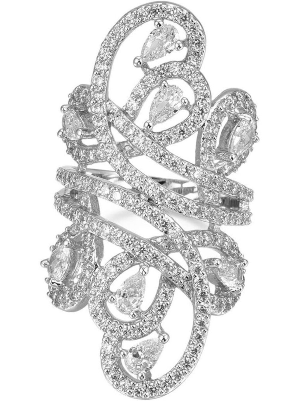 Vintage Rhodium Plated Full Finger Armor Statement Ring with Cubic Zirconia